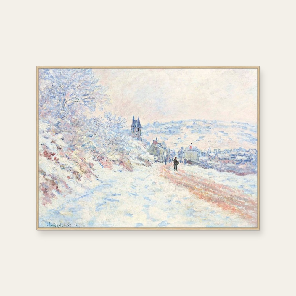 莫內 Monet《雪景 La route de Vétheuil, effet de neige》：藍與灰色調，自然風景題材，橫幅藝術掛畫。 產品圖片 2。