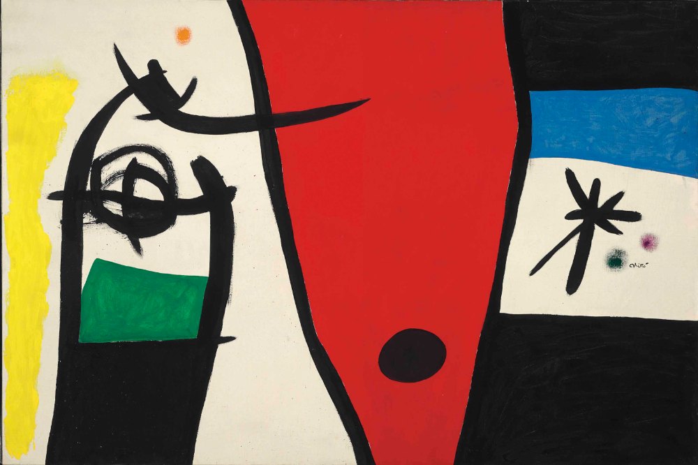 胡安·米羅 Joan Miro《Joan Miro 胡安·米羅 · 夜裡的女人與鳥的聲音》：紅／橘與黑白色調，抽象線條題材，橫幅藝術掛畫。 作品原圖。