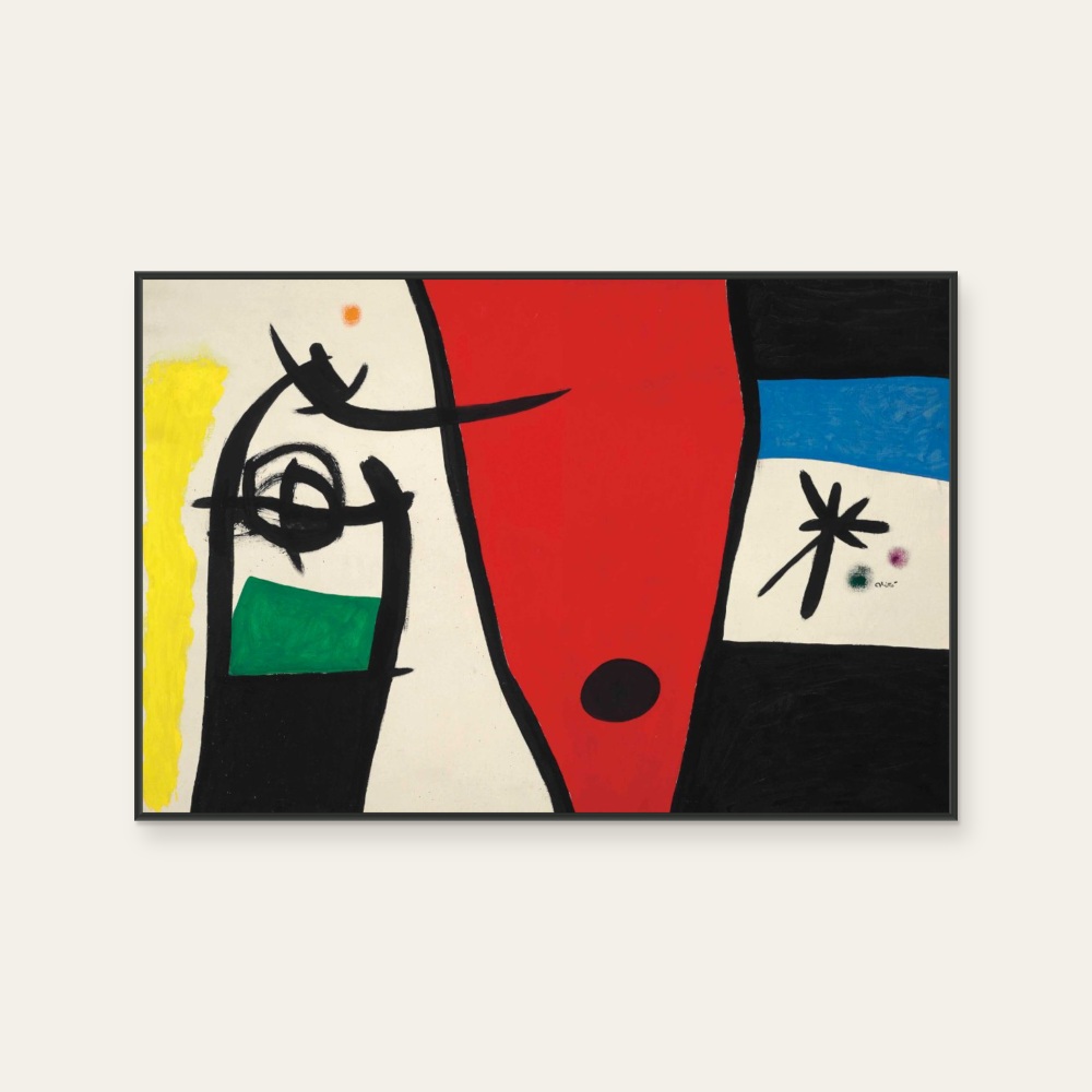 胡安·米羅 Joan Miro《Joan Miro 胡安·米羅 · 夜裡的女人與鳥的聲音》：紅／橘與黑白色調，抽象線條題材，橫幅藝術掛畫。 產品圖片 2。
