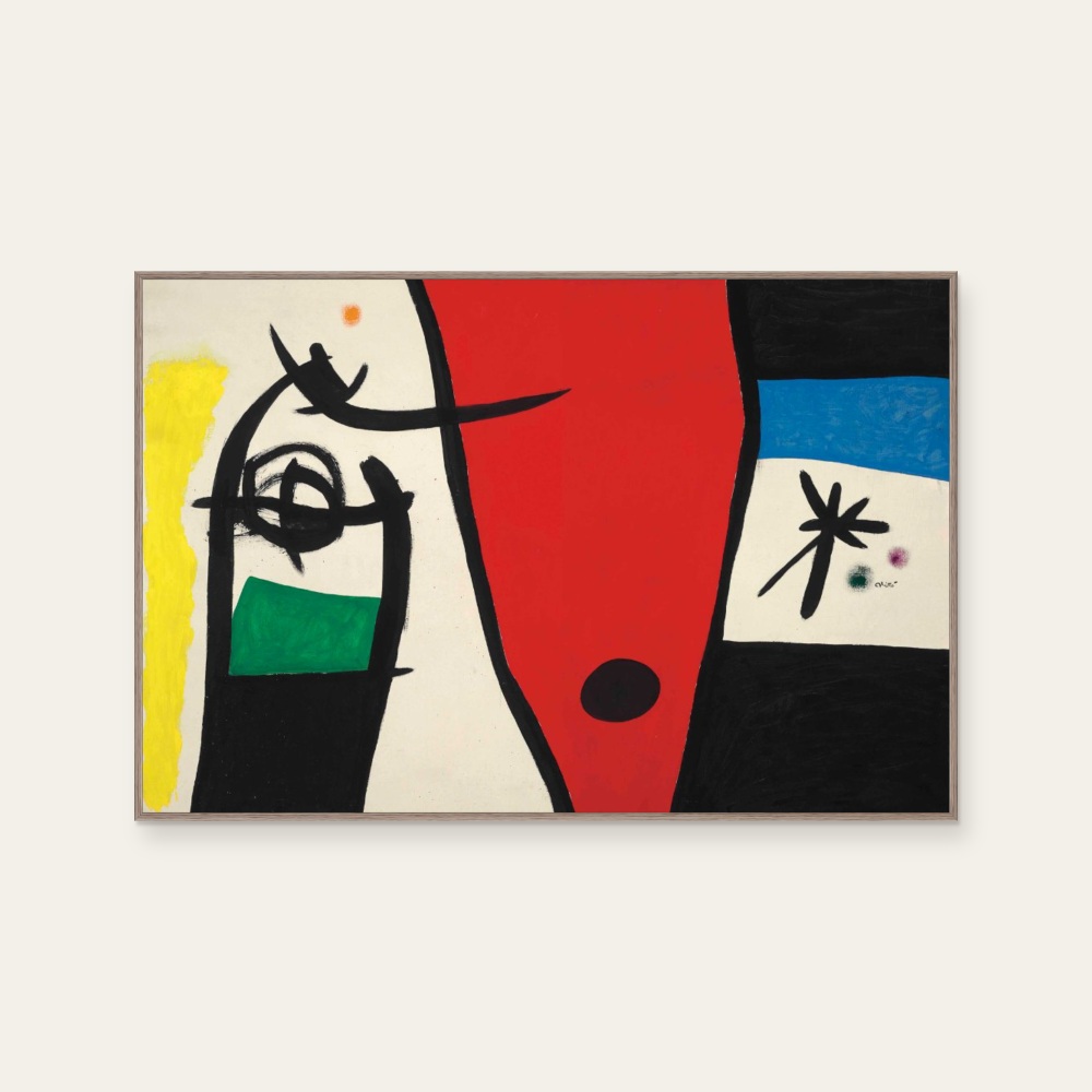 胡安·米羅 Joan Miro《Joan Miro 胡安·米羅 · 夜裡的女人與鳥的聲音》:紅/橘與黑白色調,抽象線條題材,橫幅藝術掛畫。 封面圖片。