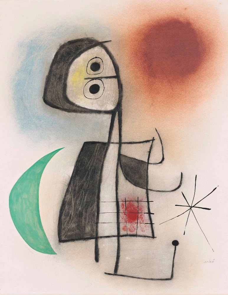 胡安·米羅 Joan Miro《Joan Miro 胡安·米羅 · 月亮前的女人》：奶茶／棕色調，抽象線條題材，直幅藝術掛畫。 作品原圖。