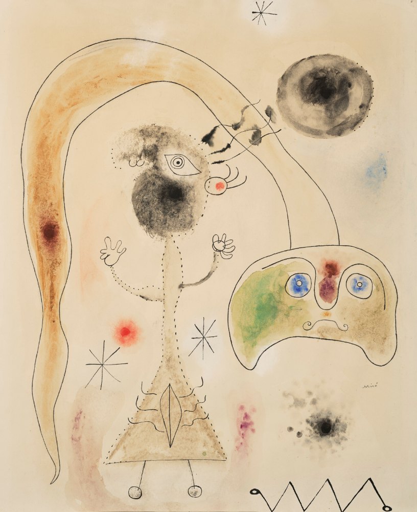 胡安·米羅 Joan Miro《Joan Miro 胡安·米羅 · 女人,蛇,星星》：奶茶／棕色調，抽象線條題材，直幅藝術掛畫。 作品原圖。