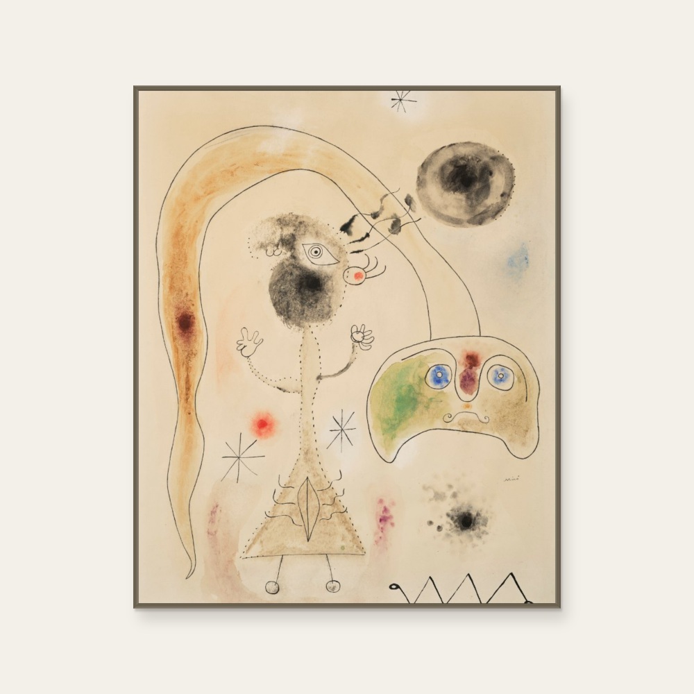 胡安·米羅 Joan Miro《Joan Miro 胡安·米羅 · 女人,蛇,星星》：奶茶／棕色調，抽象線條題材，直幅藝術掛畫。 產品圖片 2。