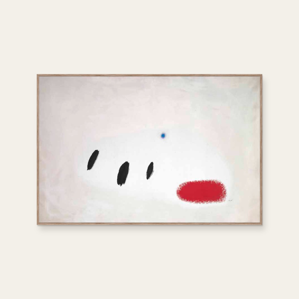 Pearl smiles in front of the blue by Joan Miró, a horizontal art print featuring abstract lines, in black and white and red / orange tones. Product image 2.