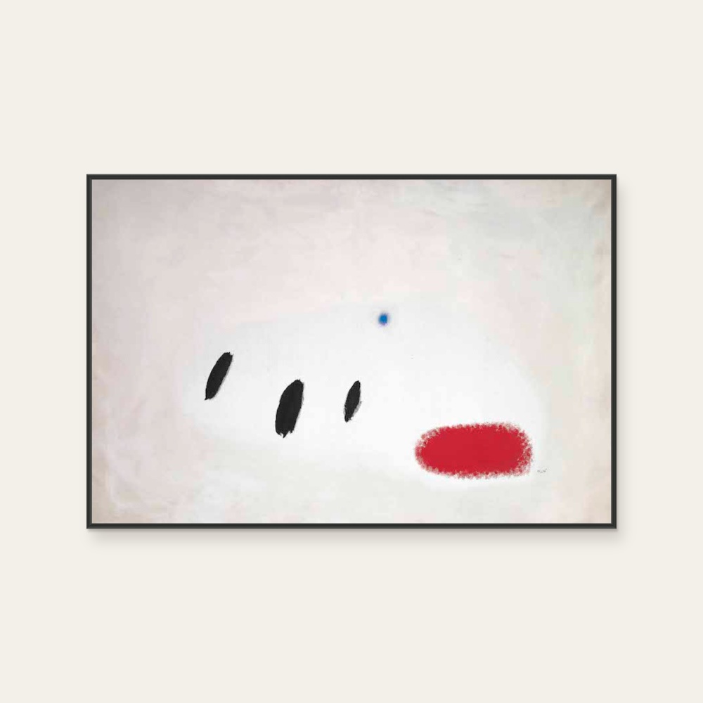 Pearl smiles in front of the blue by Joan Miró, a horizontal art print featuring abstract lines, in black and white and red / orange tones. Cover image.