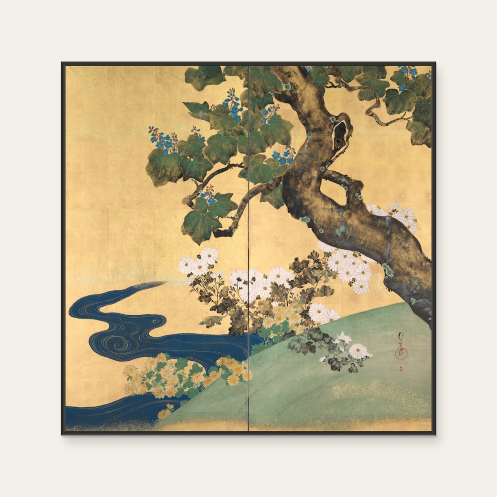 琳派《酒井抱一 - 桐菊流水図屏風》：紅／橘與奶茶／棕色調，自然風景與日本版畫題材，方形藝術掛畫。
