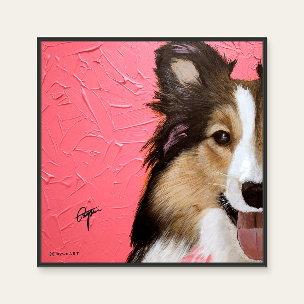 JayWu《一伴 · 牧羊犬(R)》：紅／橘色調，動物題材，方形藝術掛畫。