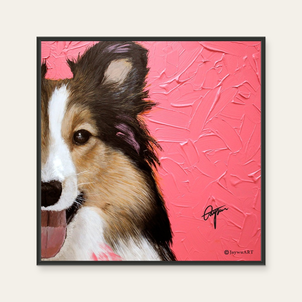 JayWu《一伴 · 邊境牧羊犬(L)》：紅／橘色調，動物題材，方形藝術掛畫。