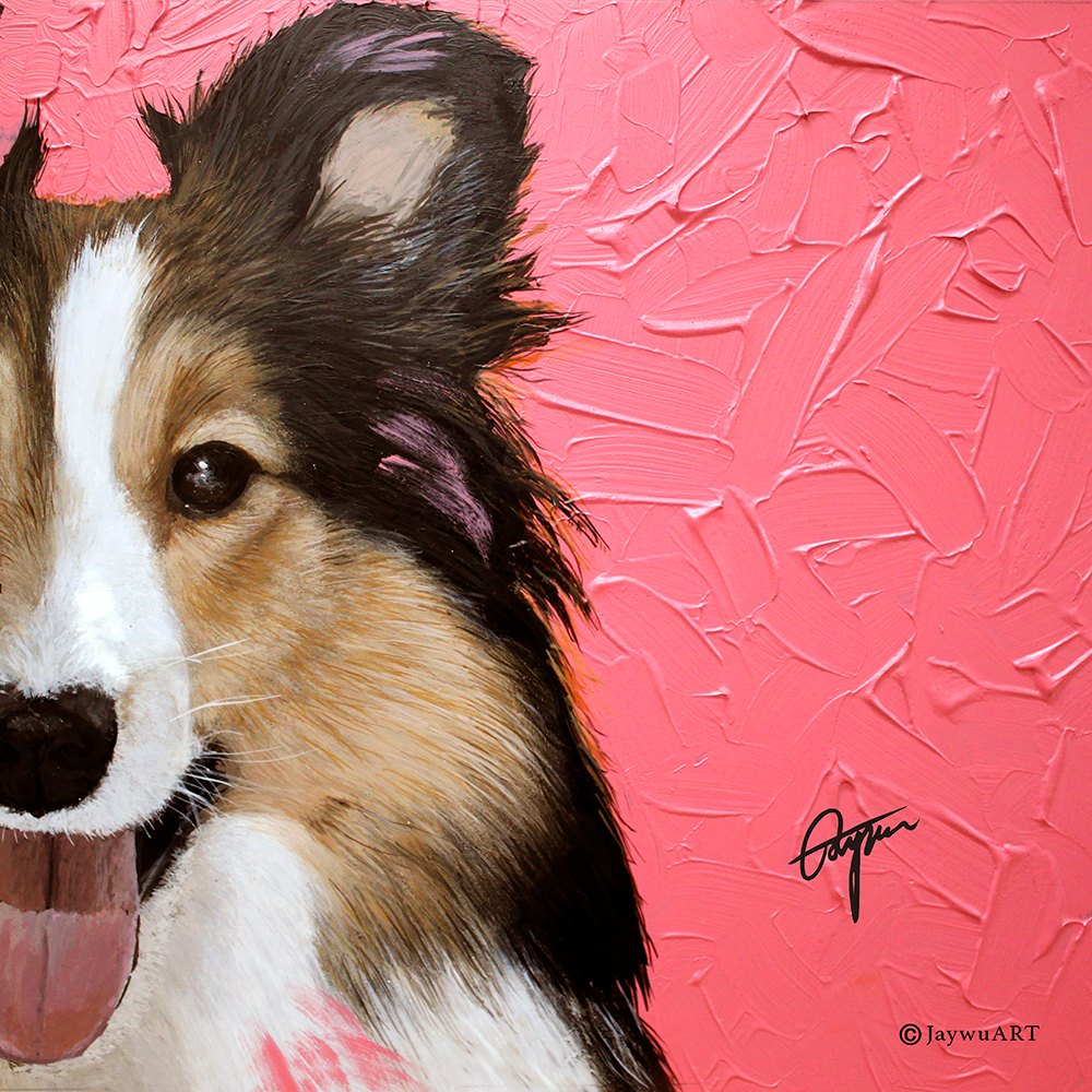 JayWu《一伴 · 邊境牧羊犬(L)》：紅／橘色調，動物題材，方形藝術掛畫。 作品原圖。