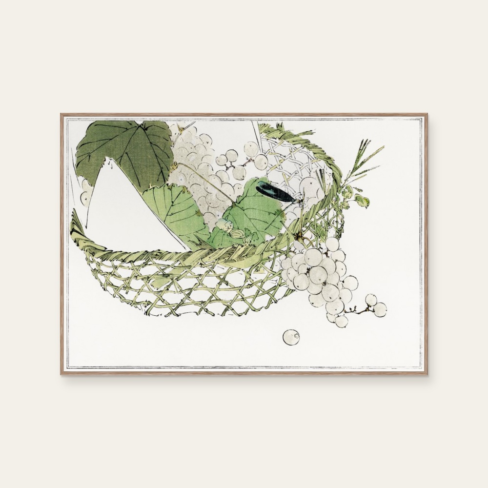 渡辺省亭《日本花鳥畫作-一籃子葡萄》:黑白與綠色調,花卉植物與靜物題材,橫幅藝術掛畫。 封面圖片。