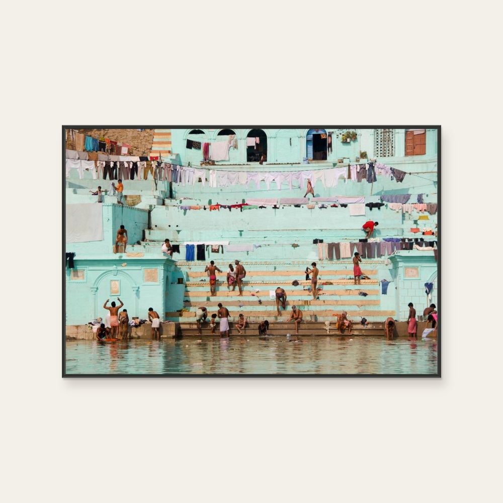 Rafting in India-along the varanasi by aPo, a horizontal art print featuring photographic and realistic imagery, in teal and green tones.
