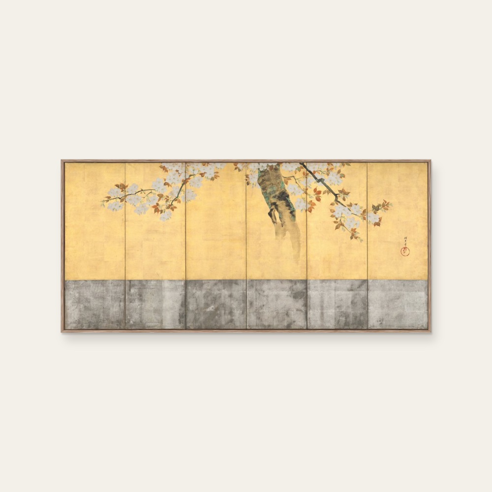 琳派《酒井抱一 桜図屏風》:紅/橘與奶茶/棕色調,自然風景與日本版畫題材,橫幅藝術掛畫。 封面圖片。