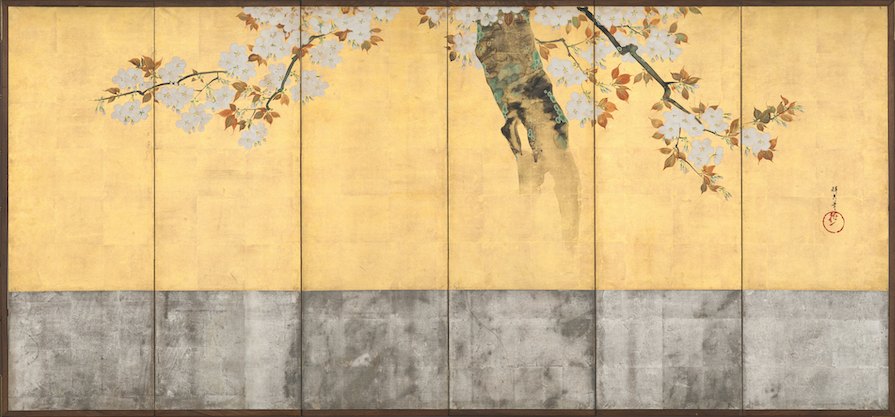 琳派《酒井抱一 桜図屏風》：紅／橘與奶茶／棕色調，自然風景與日本版畫題材，橫幅藝術掛畫。 作品原圖。