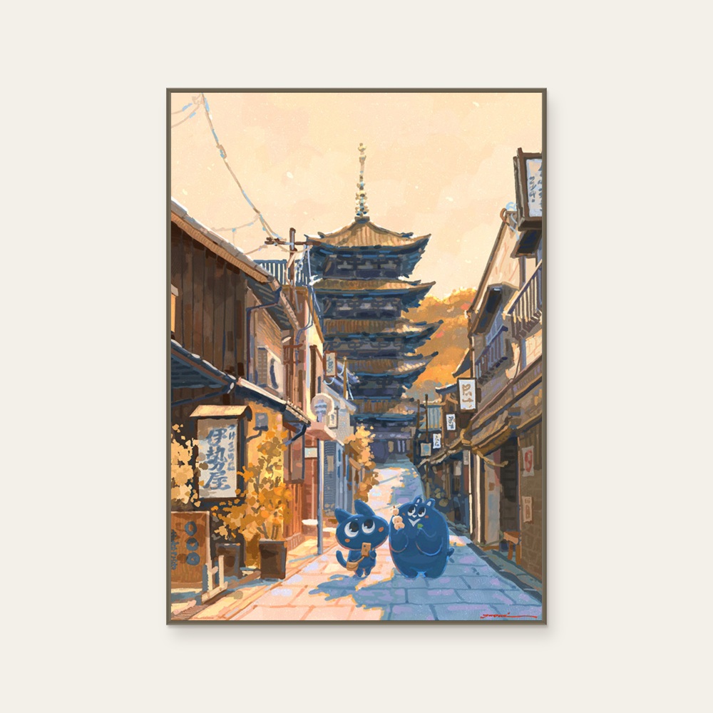 Nuomi 諾米《京都八坂塔-日本街景插畫》：奶茶／棕色調，角色與建築與物件題材，直幅藝術掛畫。 產品圖片 2。