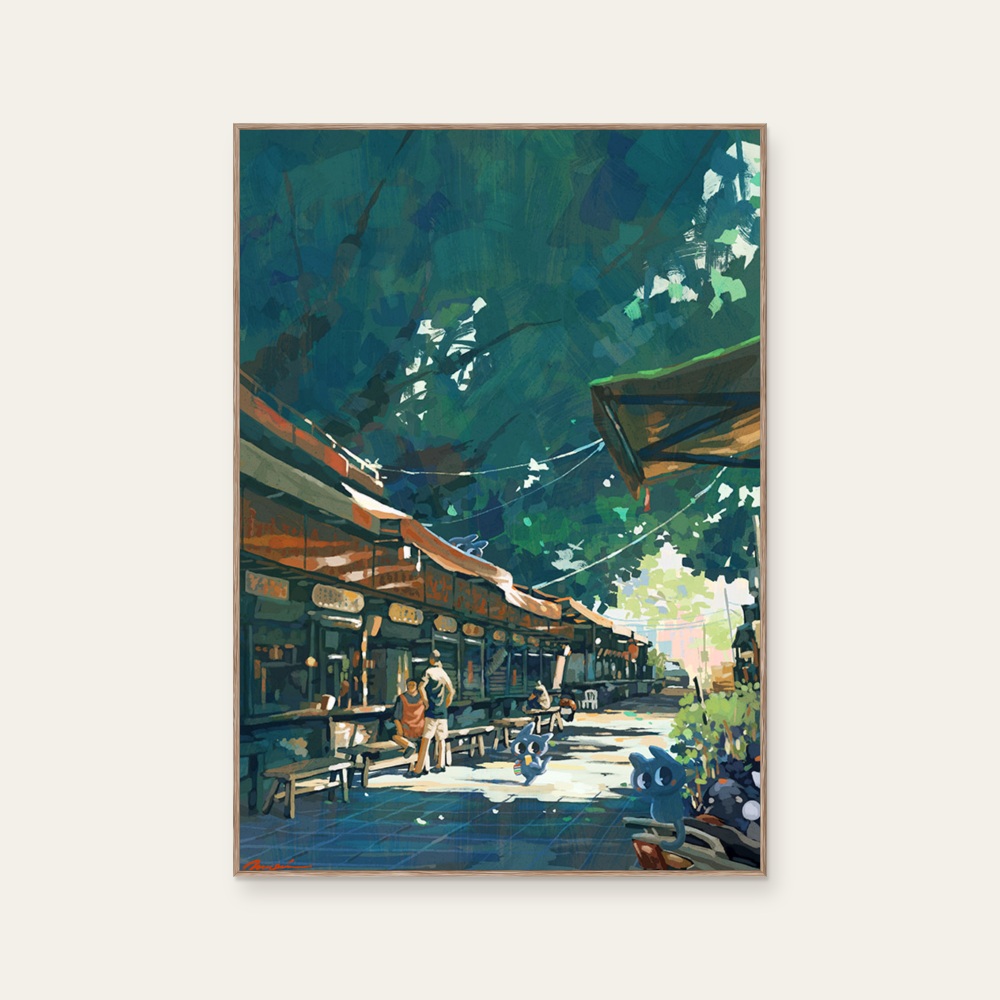 Food stall under the tree-Taiwan street scene illustration by Nuomi, a vertical art print featuring characters and architecture and objects, in teal tones. Product image 2.