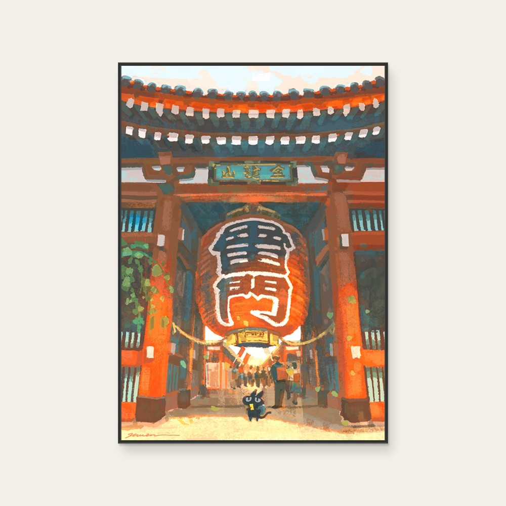 Nuomi 諾米《貓老闆來淺草寺-日本街景插畫》：紅／橘色調，角色與建築與物件題材，直幅藝術掛畫。 產品圖片 2。