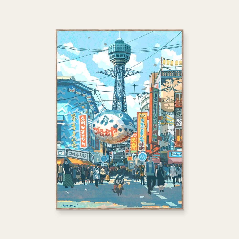 Nuomi 諾米《貓老闆到大阪-日本街景插畫》：藍綠與藍色調，角色與建築與物件題材，直幅藝術掛畫。 產品圖片 2。
