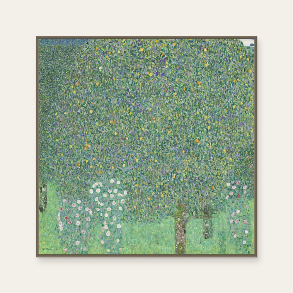 Roses under the Trees by Klimt, a square art print featuring flowers and still life and natural landscapes, in green tones. Cover image.