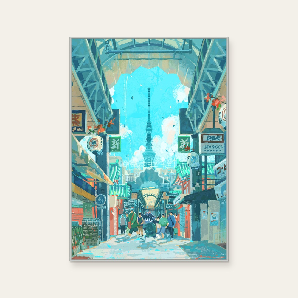 Nuomi 諾米《貓老闆的東京散步 · 晴空塔2-日本街景插畫》:藍綠色調,角色與建築與物件題材,直幅藝術掛畫。 封面圖片。