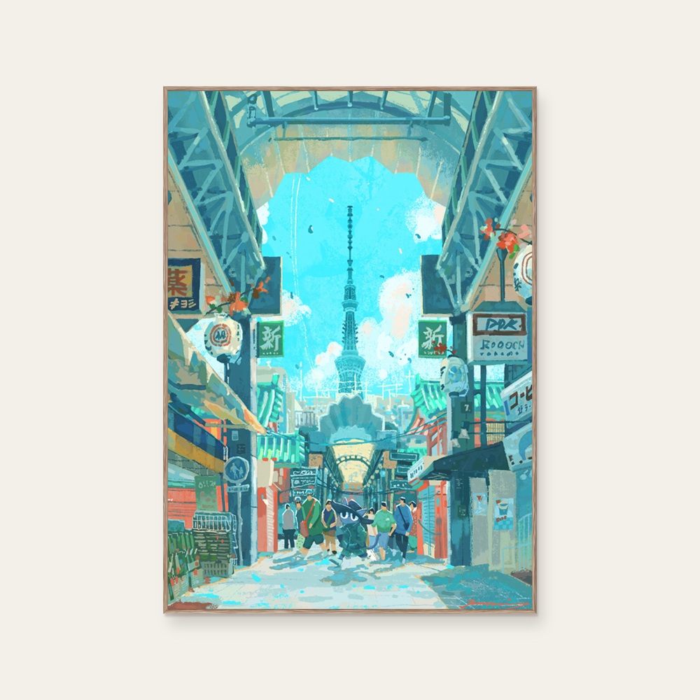 Nuomi 諾米《貓老闆的東京散步 · 晴空塔2-日本街景插畫》：藍綠色調，角色與建築與物件題材，直幅藝術掛畫。 產品圖片 2。