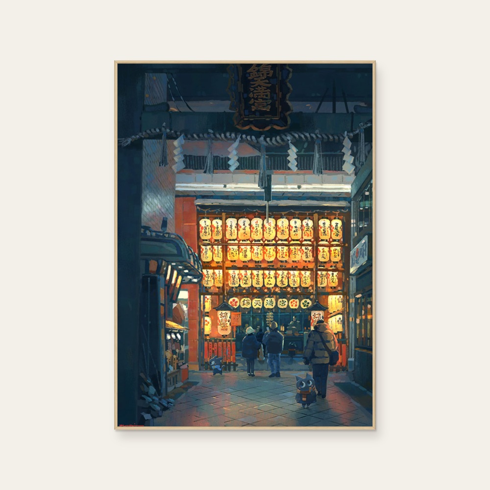 Nishikitenmangu Shrine-Japanese Street Scene Illustration by Nuomi, a vertical art print featuring characters and architecture and objects, in blue and cream / brown tones. Product image 2.