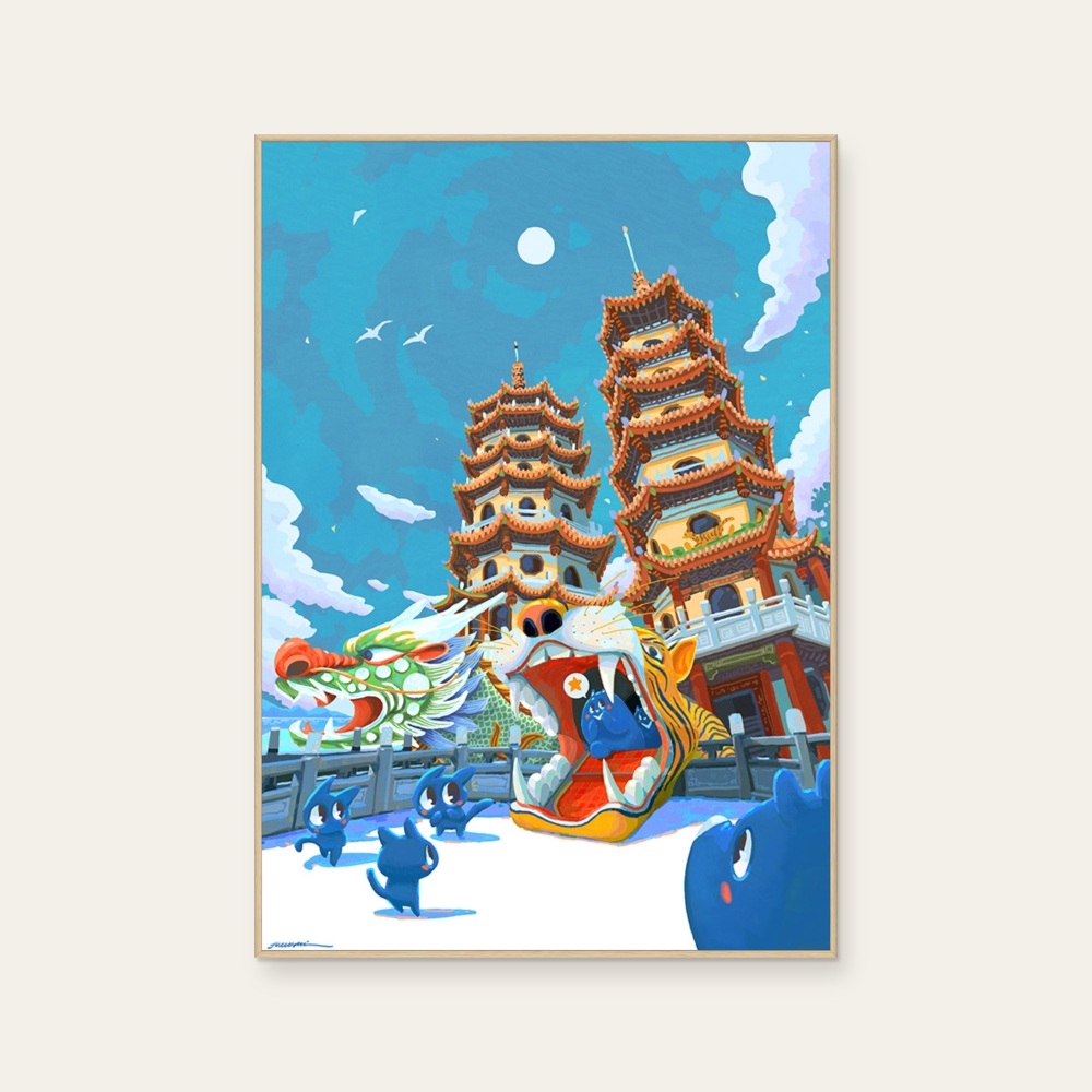 Dragon and Tiger Tower-Taiwan Street Scene Illustration by Nuomi, a vertical art print featuring characters and architecture and objects, in blue tones. Product image 2.