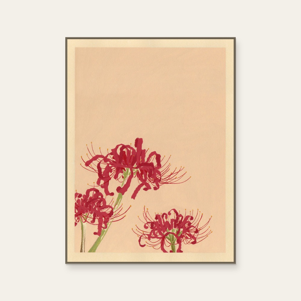 張梓鈞《彼岸花 · 極簡花卉掛畫》：奶茶／棕與紅／橘色調，花卉植物與靜物題材，直幅藝術掛畫。 產品圖片 2。