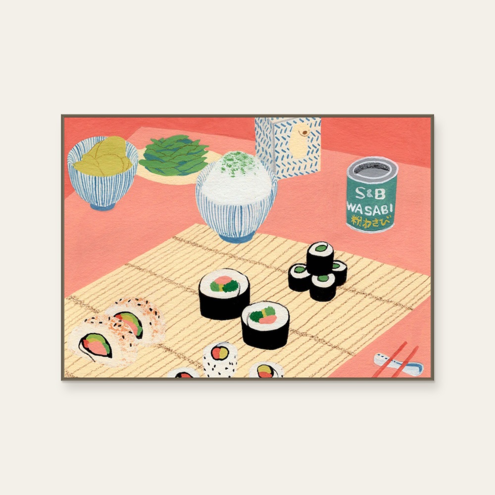 Eating sushi · Food restaurant hanging paintings by Zhang Zijun, a horizontal art print featuring flowers and still life, in cream / brown and pink tones. Product image 2.